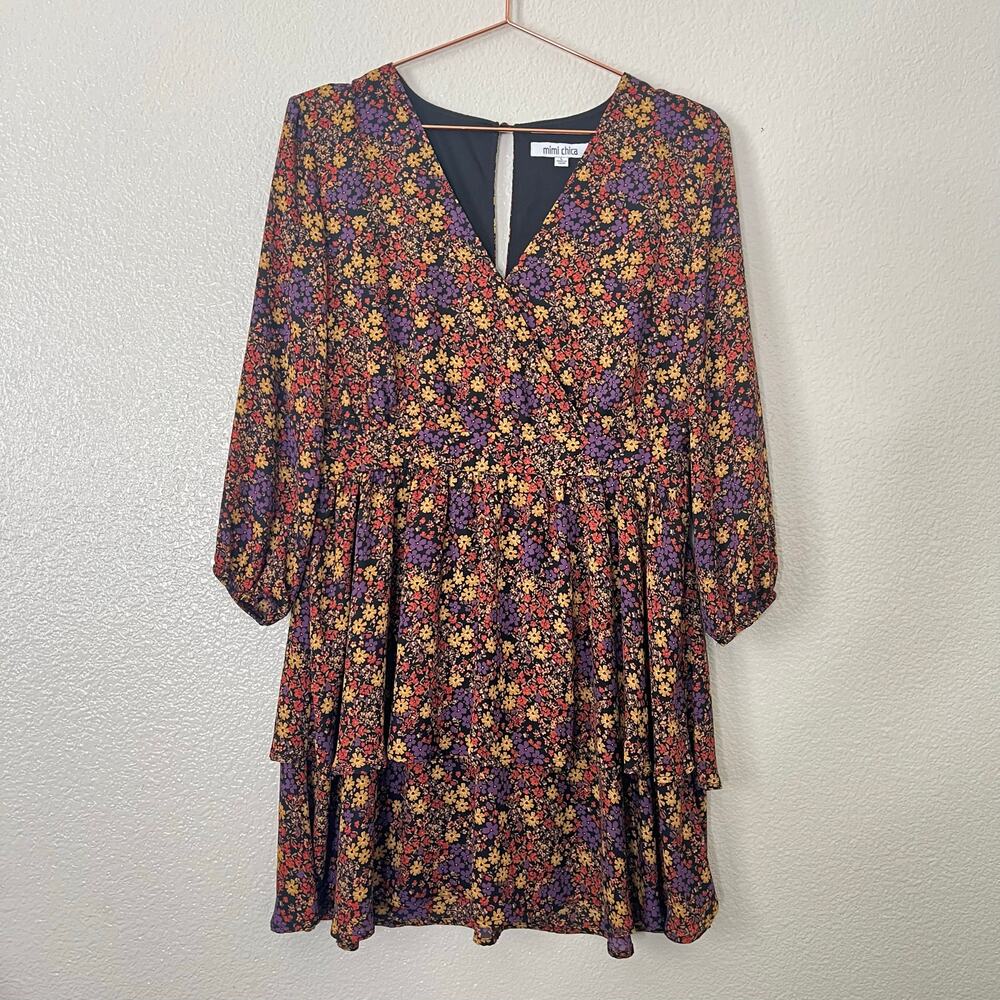 Mimi Chica fall floral print tiered 3/4 sleeve dress red yellow purple black